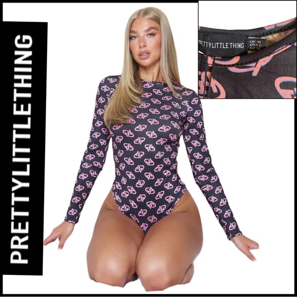 PrettyLittleThing Tops - NWT PRETTYLITTLETHING BLACK PINK LOGO PRINT LONG SLEEVE THONG CUT BODYSUIT Sz 6